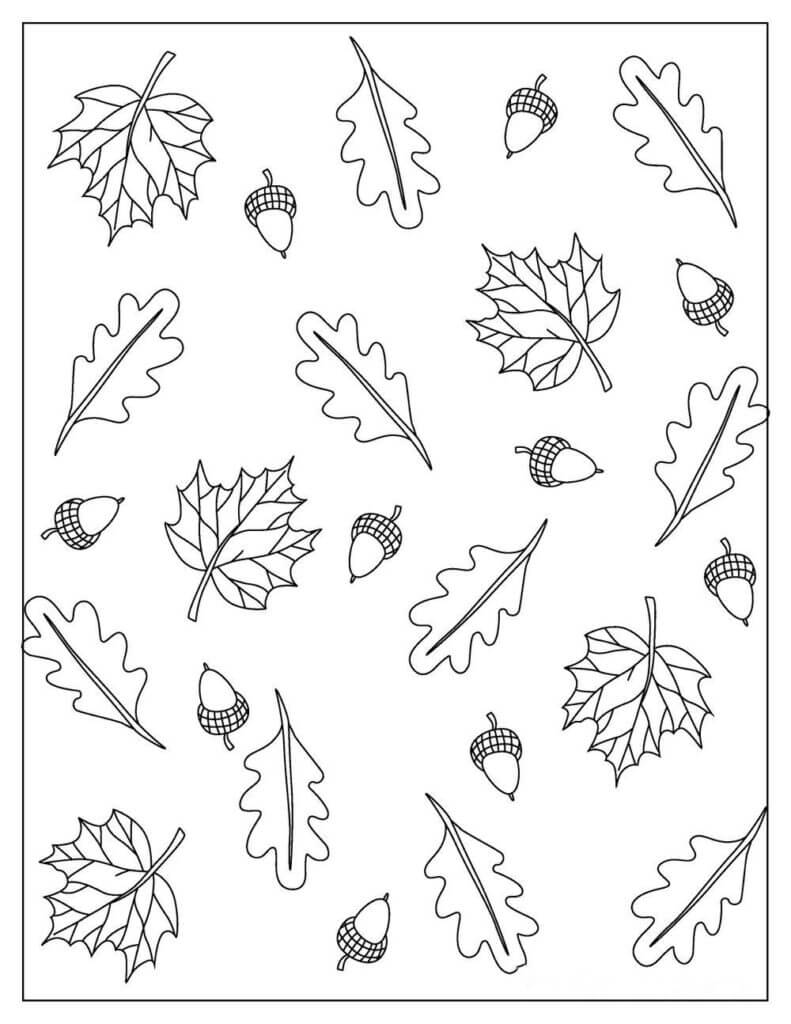 Online coloring book: Scattered acorns and autumn leaves coloring page